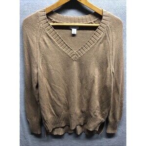 Old Navy V Neck Sweater Size M Tan Camel Ribbed Trim Well Loved